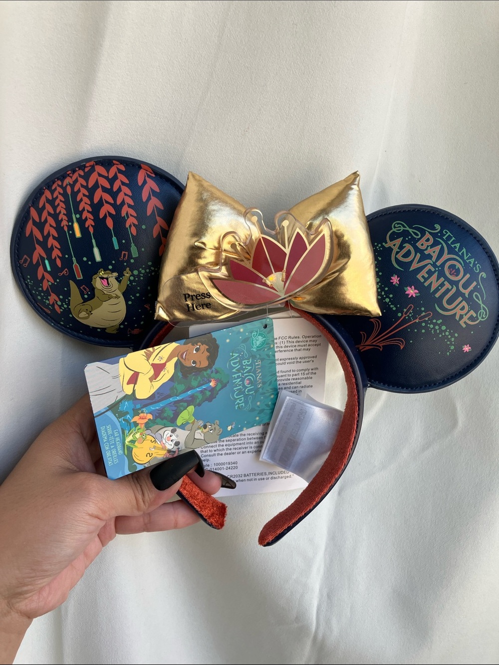 Disney Tiana Bayou Adventure Navy & Gold Ear Headband with Pink Lotus